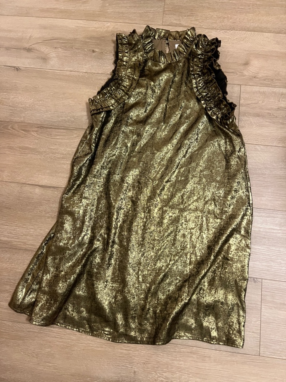 TCEC Metallic Gold Ruffled-Trim Midi Dress